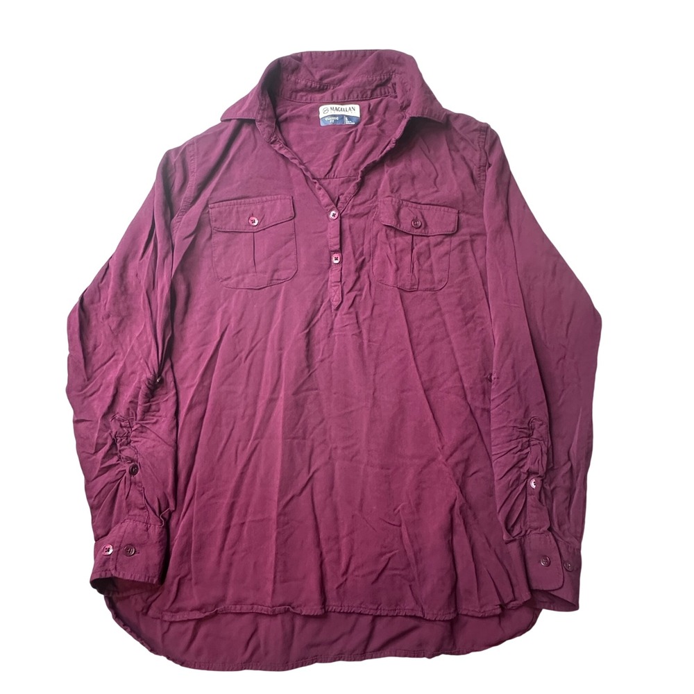 Magellan Shirt Womens L Burgundy Classic Fit Rayon Popover Roll Tab Outdoor Top